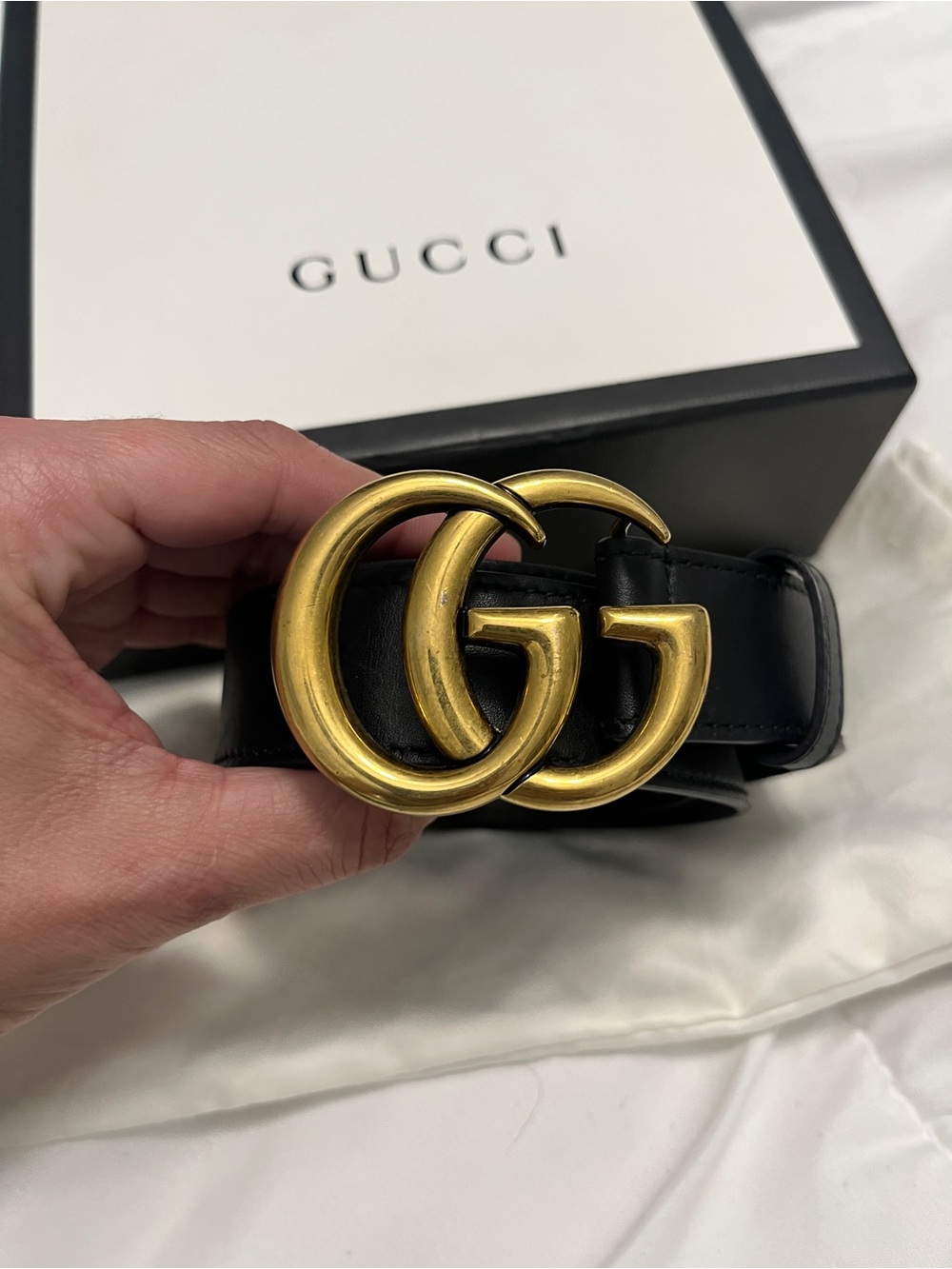 Gucci Women's Black Leather Belt with Antique Gold Double G Buckle
